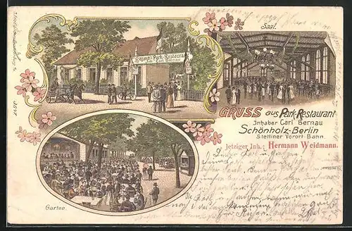 Lithographie Berlin-Schönholz, Bagandt's Park-Restaurant, Inh. Carl Bernau, Aussen- und Innenansichten
