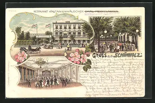 Lithographie Berlin-Schönholz, Restaurant Kastanienwäldchen, Inh. Hermann Ramlow, Aussen- und Innenansichten