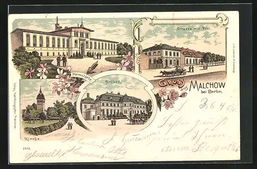 Lithographie Berlin-Malchow, Kirche, Heimstätte, Schloss, Post