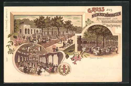 Lithographie Berlin-Niederschönhausen, Restaurant zum Waldschlösschen, Inh. Ferd. Settekorn, Aussen- und Innenansichten