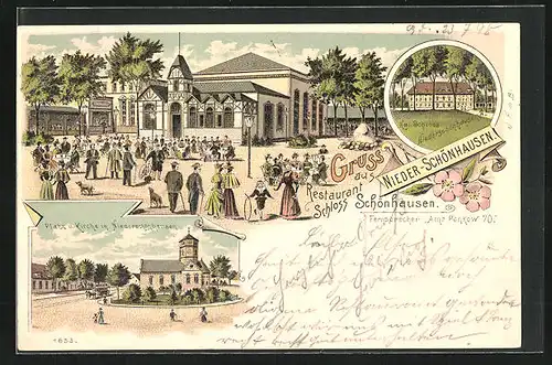 Lithographie Berlin-Niederschönhausen, Restaurant Schloss Schönhausen, Platz und Kirche, Kgl. Schloss