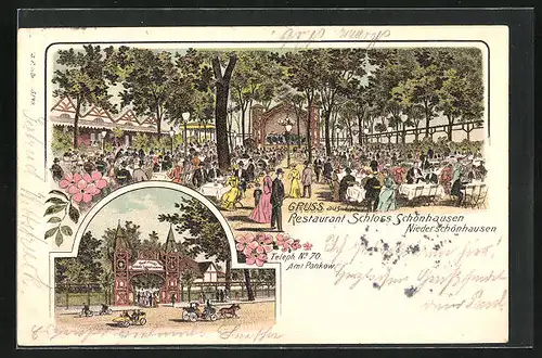 Lithographie Berlin-Niederschönhausen, Restaurant Schloss Schönhausen, Garten und Eingang