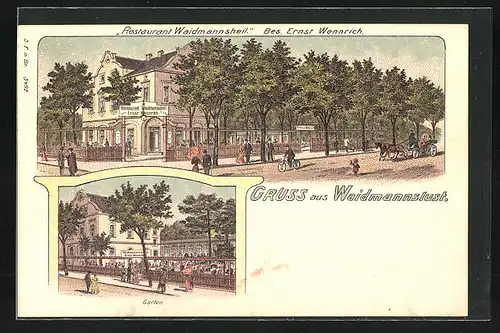 Lithographie Berlin-Reinickendorf, Restaurant Waidmannsheil, Bes. Ernst Wennrich, Aussenansicht, Garten