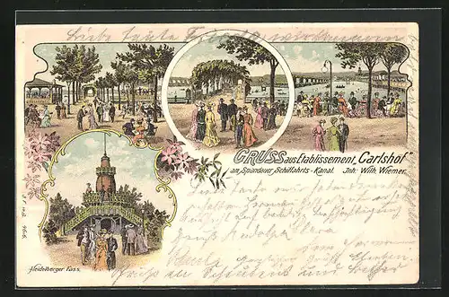 Lithographie Berlin-Charlottenburg, Etablissement Carlshof, Park- und Kanalansichten, Heidelberger Fass