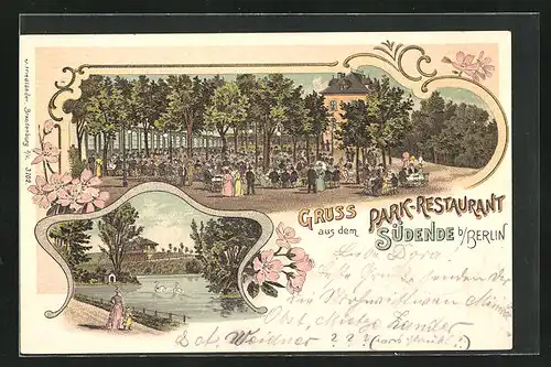 Lithographie Berlin-Steglitz, Park-Restaurant Südende, Gartenansicht, am Schwanenteich