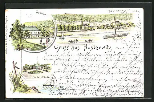 Lithographie Dresden-Hosterwitz, Schloss Pillnitz, Gasthof, Uferansicht mit Kirche