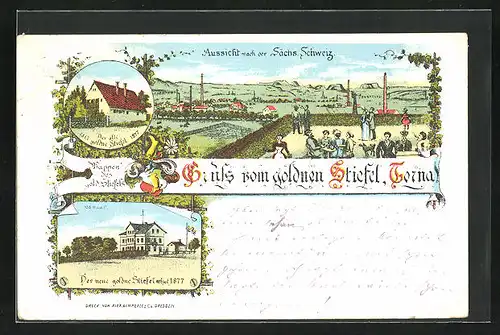 Lithographie Dresden-Torna, Gasthaus Goldener Stiefel, alte und neue Ansicht, Panorama