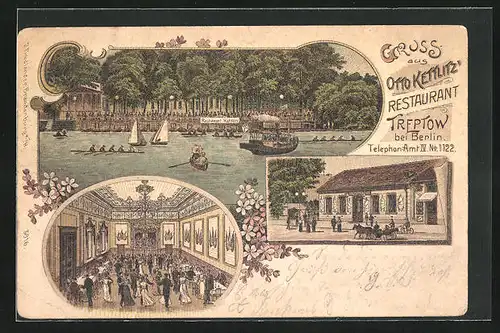 Lithographie Berlin, Restaurant Treptow, Inh. Otto Kettlitz, Aussen- und Innenansicht, Garten