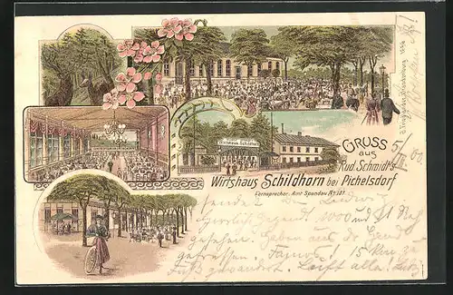 Lithographie Berlin-Grunewald, Wirtshaus Schildhorn, Inh. Rud. Schmidt, Aussen- und Innenansichten