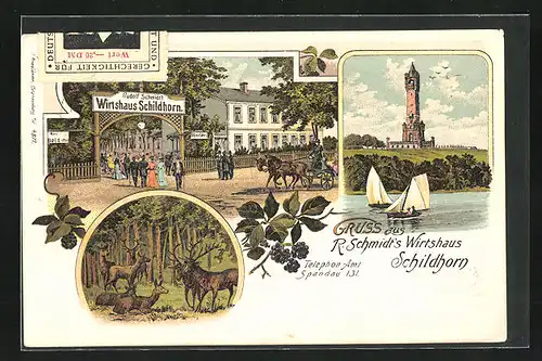 Lithographie Berlin-Grunewald, Wirtshaus Schildhorn, Inh. R. Schmidt, Eingang, Kaiser Wilhelm-Turm, Rehe und Hirsche