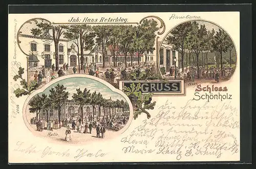 Lithographie Berlin-Pankow, Gasthaus Schloss Schönholz, Inh. Hans Retschlag, Halle, Privat-Garten