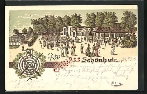 Lithographie Berlin-Pankow, Gasthaus Schloss Schönholz, Garten mit Gästen, Zielscheibe, Gewehre und Wappen