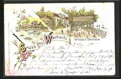Lithographie Dresden-Wachwitz, Gasthaus Elbterrasse, Inh. Reissig, Gesamtansicht