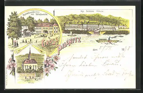 Lithographie Dresden-Pillnitz, Schlossrestaurant mit Schlosswache, Kgl. Schloss Pillnitz, Kirche