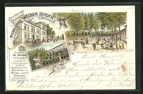 Lithographie Dresden-Weisser Hirsch, Park-Hotel, Bes. W. Würfel, Aussenansichten, Concert-Garten