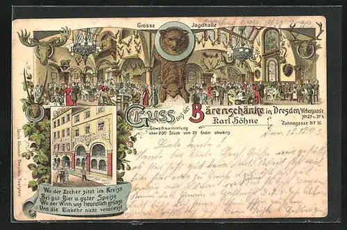 Lithographie Dresden, Gasthaus Bärenschenke, Inh. Karl Höhne, Webergasse 27. Aussenansicht, Gr. Jagdhalle