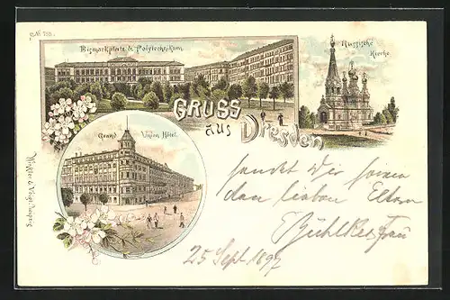 Lithographie Dresden, Grand Union Hotel, Russische Kirche, Bismarckplatz & Polytechnikum