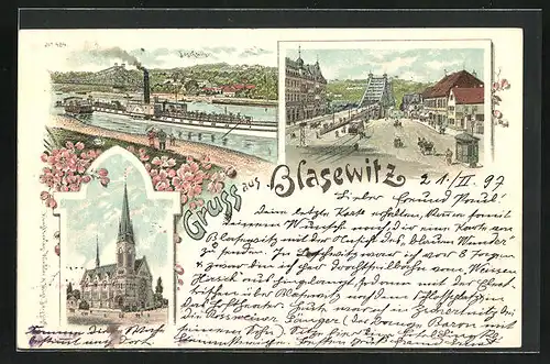 Lithographie Dresden-Blasewitz, Kirche, Teilansichten mit Brücke und Dampfer Königin Carola