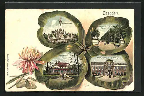 Passepartout-Lithographie Dresden, Stuebelbrunnen, neue Picardie, nördl. Portal des Kgl. Zwingers, Hauptallee im Garten