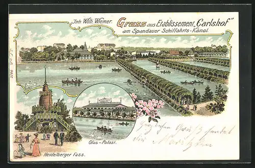 Lithographie Berlin-Charlottenburg, Gasthaus Carlshof am Spandauer Schiffahrts-Kanal, Restaurant Glas-Palast