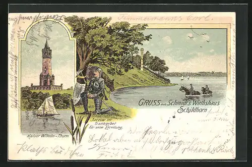 Lithographie Berlin-Grunewald, Schmidts Gasthaus Schildhorn, Kaiser Wilhelm-Thurm