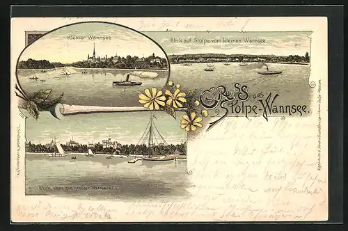 Lithographie Berlin-Wannsee-Stolpe, Dampfer auf dem kleinen Wannsee, Grosser Wannsee