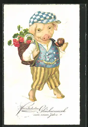 AK Schweinchen mit Pfeife und Kiepe voller Glücksbringer als Neujahrsgruss