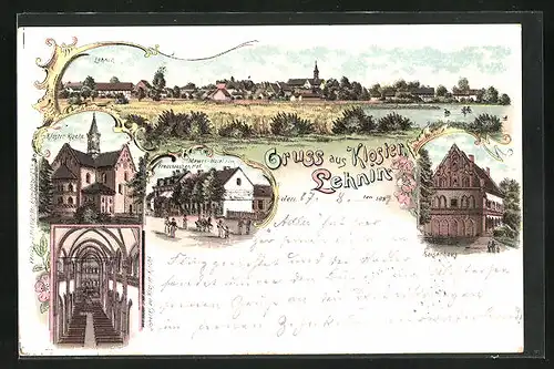 Lithographie Lehnin, Mewes Hotel zum Preussischen Hof, Totalansicht, Kloster-Kirche, Kaiserhaus