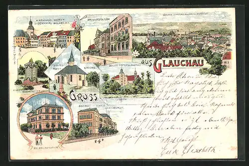 Lithographie Glauchau, Schloss Hinterglauchau, Bahnhofstrasse, Rathaus, Markt mit Denkmal Wilhelm I.