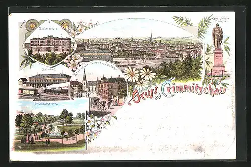 Lithographie Crimmitschau, Knabenschule, Bahnhof, Bismarckhain