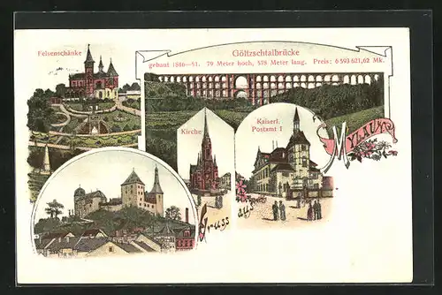 Lithographie Mylau i. V., Gasthaus Felsenschänke, Göltzschtalbrücke, Kirche