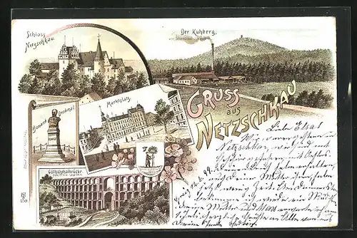 Lithographie Netzschkau, Schloss Netzschkau, Der Kuhberg, Marktplatz