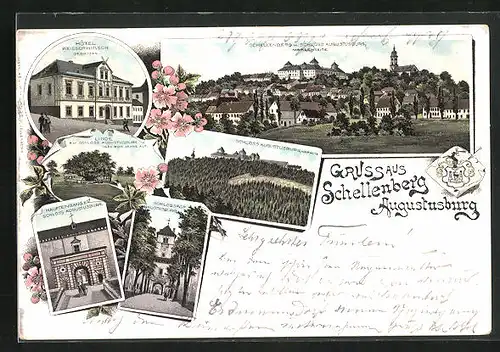 Lithographie Schellenberg i. Sa., Hôtel Weisser-Hirsch, Linde am Schloss Augustusburg