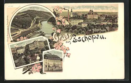 Lithographie Zschopau, Am Bahnhof, Totalansicht, Seminar, Rathaus
