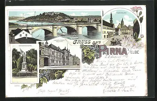 Lithographie Pirna a. Elbe, Kriegerdenkmal, Kaiserliches Postamt, Totalansicht