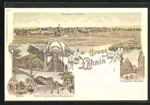 Lithographie Lehnin, Panorama, Königshaus und Schule, Ruine, Klosterkirche