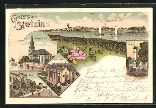 Lithographie Ketzin a. H., Schule, Evang. Kirche, Krieger-Denkmal