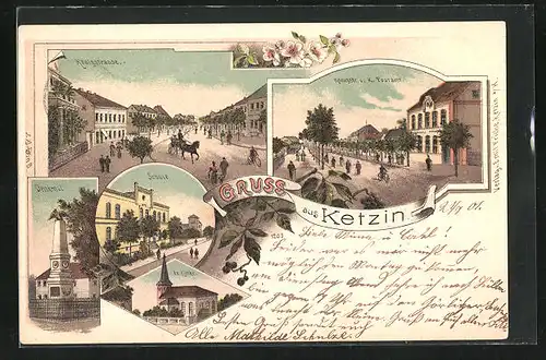 Lithographie Ketzin, Königstrasse u. Postamt, Schule