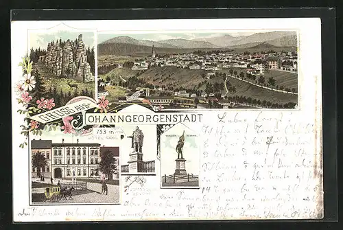 Lithographie Johanngeorgenstadt, Hotel Saxe, Totalansicht, Johann Georg Denkmal