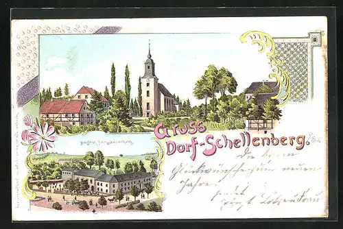 Lithographie Dorf-Schellenberg, Gasthof aus der Vogelschau, Ortspartie mit Kirche