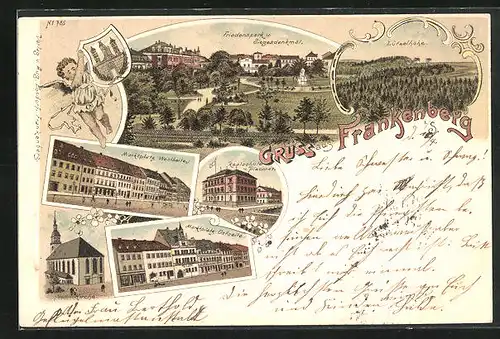 Lithographie Frankenberg, Friedenspark u. Siegesdenkmal, Marktplatz, Realschule