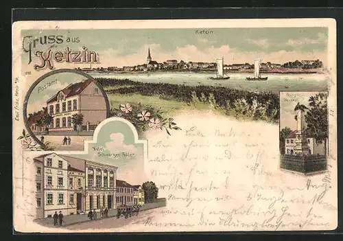 Lithographie Ketzin, Hotel Schwarzer Adler, Postamt