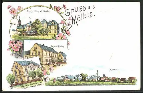 Lithographie Mölbis, Gasthof Mölbis, Schloss mit Kirche, Totalansicht