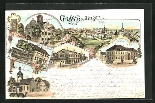 Lithographie Breitingen / S.-A., Bahnhofs-Restaurant, Gasthof, Schloss