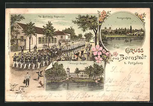 Lithographie Bornstedt b. Potsdam, Parade vor H. Bölkes Restaurant, Kronengut, Orangerie