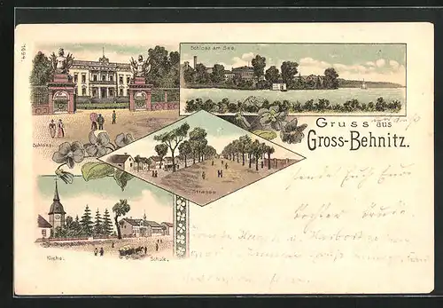 Lithographie Gross-Behnitz, Schloss, Kirche und Schule, Strassenpartie