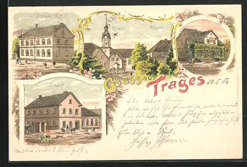 Lithographie Trages, Gasthof, Engelmanns Geschäftshaus, Kirche und Pfarrhaus