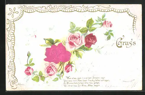 Stoff-Präge-AK Was alles sich in meinem Innern regt..., Taube mit Kuvert und Rosen