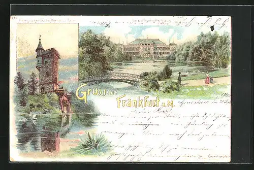 Lithographie Frankfurt am Main, Zoologischer Garten, Weiher und Turm, Gesellschaftshaus