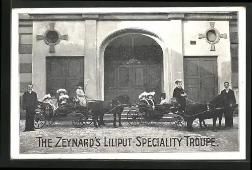 AK The Zeynard`s Liliput-Speciality Troupe, Liliputaner in Kutschen